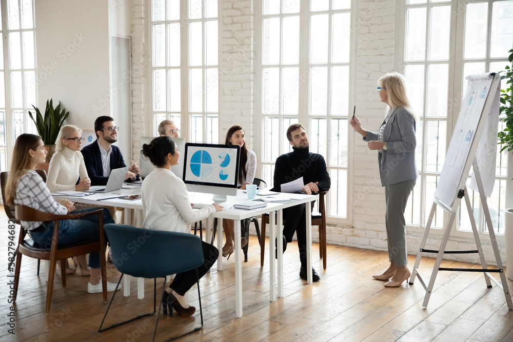 Obraz premium Confident female speaker or coach stand make whiteboard presentation at meeting with diverse employees. Successful woman trainer talk present business project on flip chart for workers in office.
