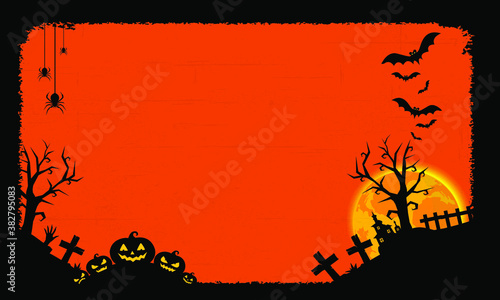 Halloween border with Moon and pumpkins,Halloween Banner with Spider and Bats