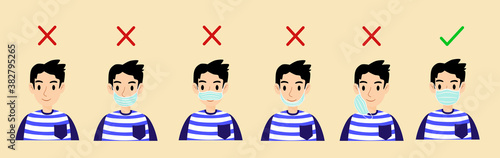 Six men showing how to wearing face mask correctly and incorrectly in flat design. The correct wearing mask are prevent the spread of the coronavirus and Covid-19 disease-vector and illustrations.