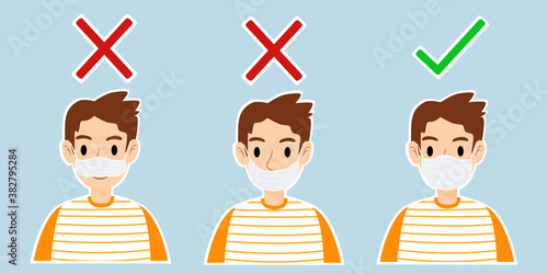 Three men showing how to wearing face mask correctly and incorrectly in flat design. The correct wearing mask are prevent the spread of the coronavirus and Covid-19 disease.