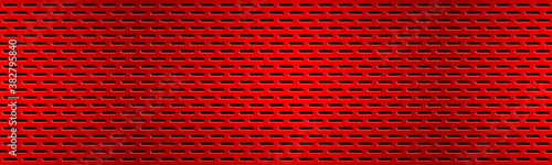 Structured red perforated metal texture header. Aluminium grating banner. Abstract metallic background. Vector illustration