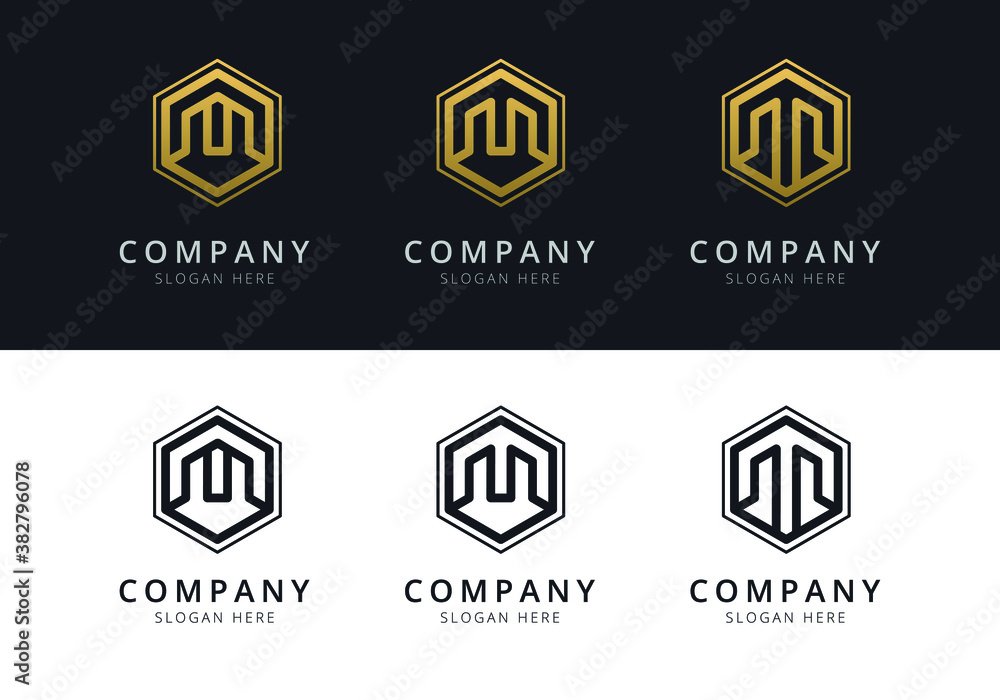 Fototapeta premium Initial M logo inside hexagon shape in gold and black color