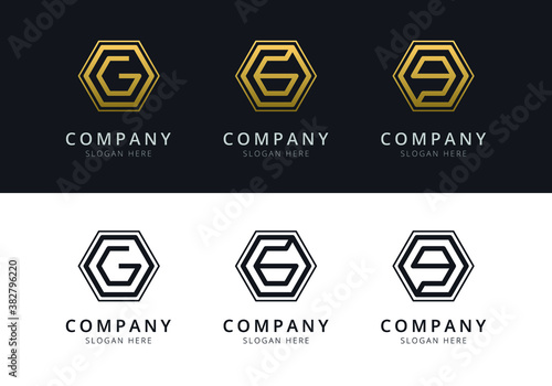 Initial G logo inside hexagon shape in gold and black color