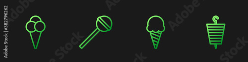 Set line Ice cream in waffle cone, , Lollipop and Grilled shish kebab. Gradient color icons. Vector.