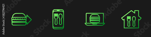 Set line Online ordering burger delivery, , and and . Gradient color icons. Vector.