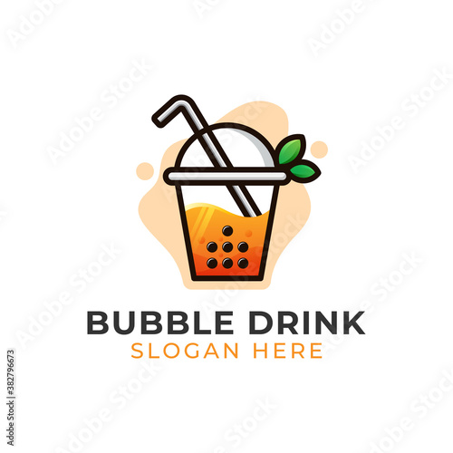 bubble drink tea with leaf logo design vector template