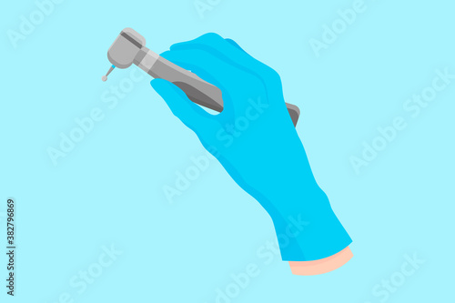 Vector cartoon hand of a dentist in a blue glove that hold a dental instrument: machine for drilling with a cutter