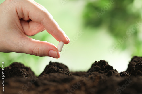 Woman putting bean into fertile soil against blurred background, closeup with space for text. Vegetable seed planting