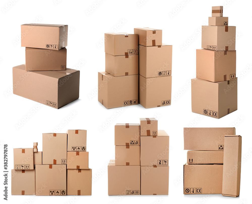Set of parcels with different packaging symbols on white background Set of parcels with different packaging symbols on white background