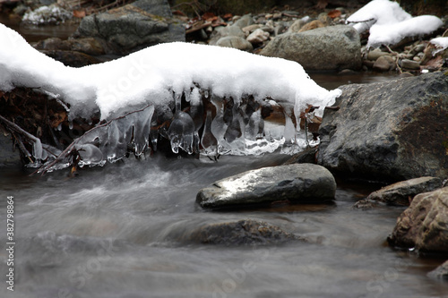 Ice on a mountain stream, winter