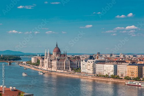 The Parliament building of Hungary in Budapest, along the Danube river.