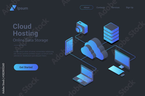 Cloud hosting Isometric Flat black monochrome vector concept.