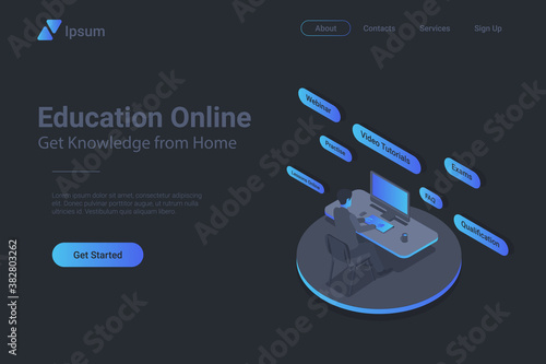 Education Online Isometric Flat black monochrome vector concept.