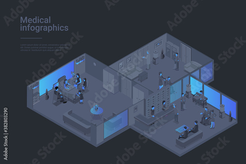 Medical Clinic center Isometric Flat black monochrome vector concept.