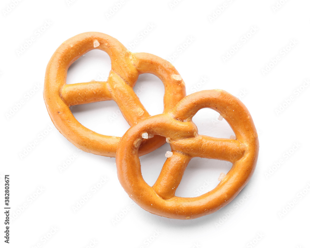 Delicious crispy pretzel crackers isolated on white, top view Delicious crispy pretzel crackers isolated on white, top view