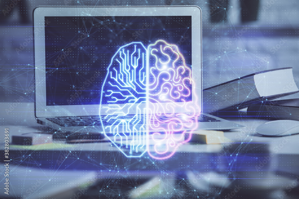 Obraz premium Double exposure of work space with computer and human brain drawing hologram. Brainstorm concept.
