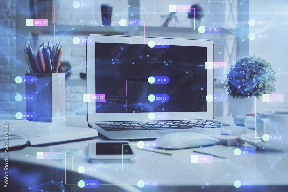 Fototapeta premium Multi exposure of desktop computer and technology theme hologram. Concept of software development.