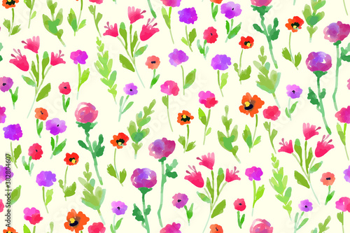 Floral seamless pattern with different flowers and leaves. Botanical illustration hand painted. Textile print, fabric swatch, wrapping paper. © Elena