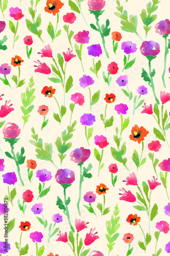 Floral seamless pattern with different flowers and leaves. Botanical illustration hand painted. Textile print, fabric swatch, wrapping paper.
