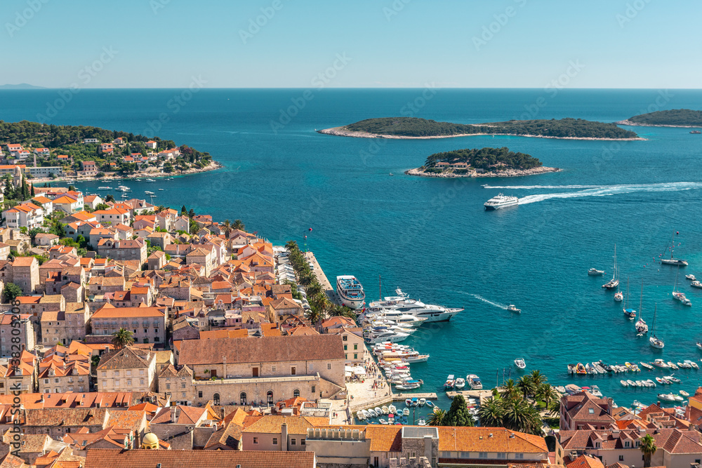 The old harbour at Hvar island, at the coast of Croatia, on a sunny day, summer time.