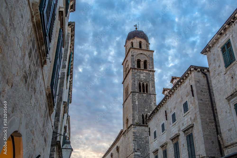 The steet view of the old architectures in Dubrovnik, Croatia, at sunset.