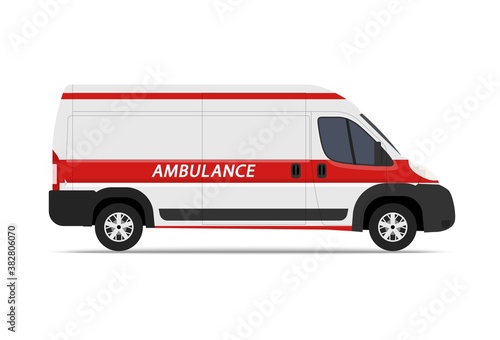 Vector illustration ambulance car on white background. Ambulance auto paramedic emergency. Ambulance vehicle medical evacuation.