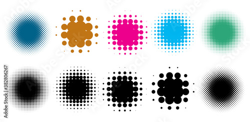 Colorful halftone vector pattern, texture design element set. Circles, dots, screentone illustration. Freckle, stipple-stippling, speckles illustration. Pointillist vector art