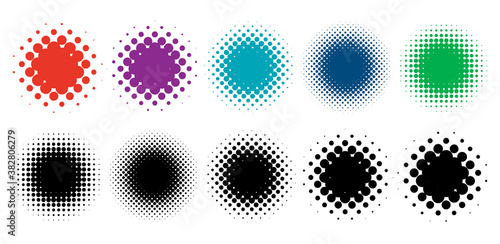 Colorful halftone vector pattern, texture design element set. Circles, dots, screentone illustration. Freckle, stipple-stippling, speckles illustration. Pointillist vector art