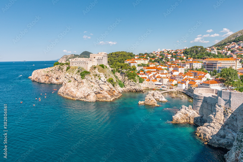 The old fortress in Dubrovnik, on a big rock,  at a sunny day.