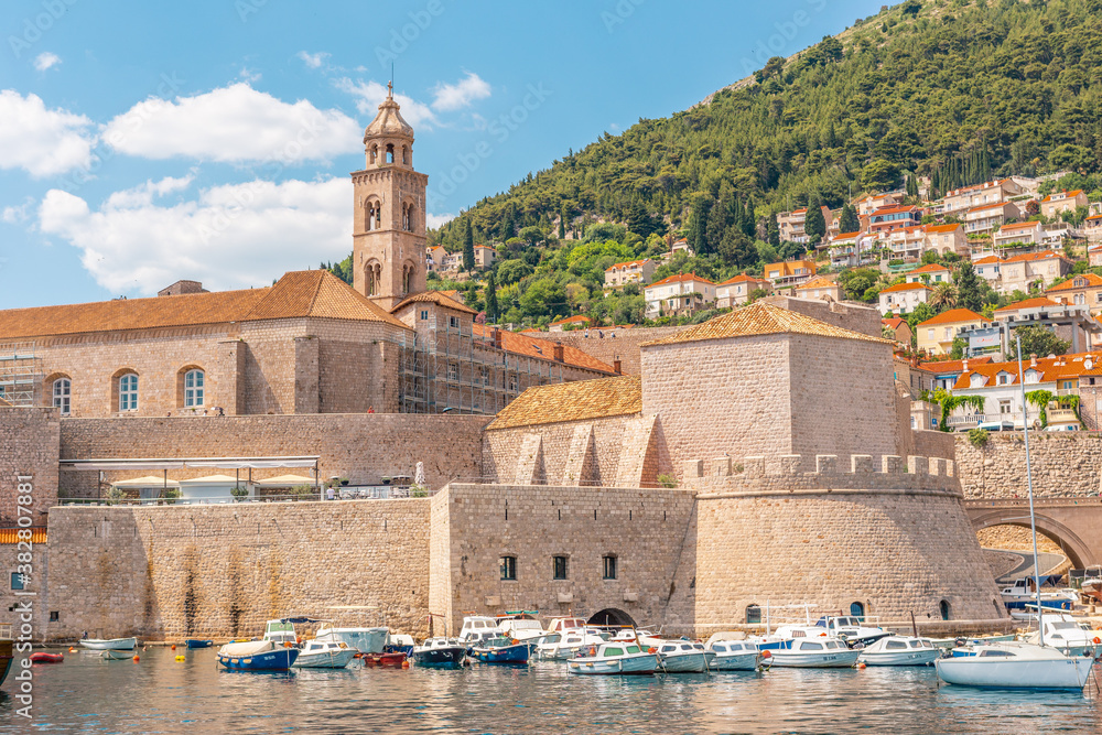 The Dubrovnik old town and fortress by the sea, shot from the sea angle.