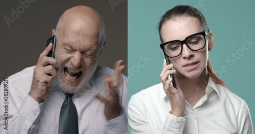 Business people fighting and yelling on the phone