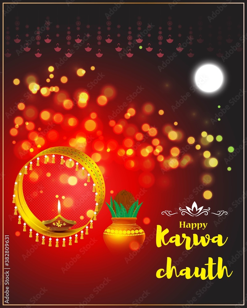 Vector banner of Happy Karwa Chauth, Indian festival, pooja kalash ...