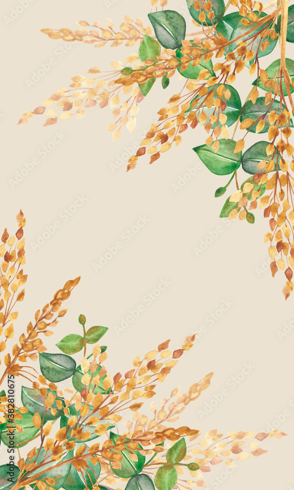 Watercolor hand painted nature corner frame composition with green eucalyptus leaves and golden cereal grain branches bouquet on the yellow background for invite and greeting card with space for text
