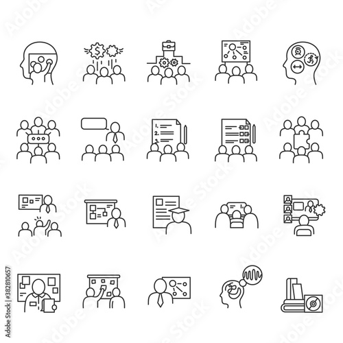 Training workshop elements line icons set. Motivational and educational, lectures, lessons, courses. Business training. Self-improvement. Career growth. Isolated vector illustrations. Editable stroke 