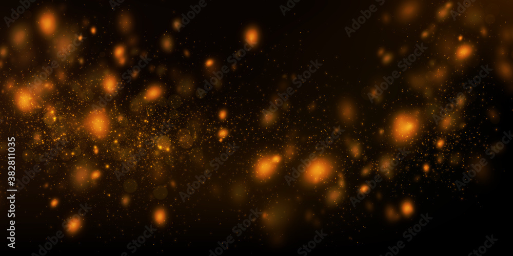 Abstract vector background with golden particles explosion. Glowing bokeh lights, defocused glitters.