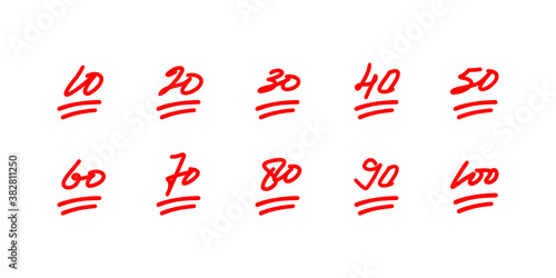 Exam score illustration set, hand drawn grade marks collection, red color test result illustration isolated on white background - Vector