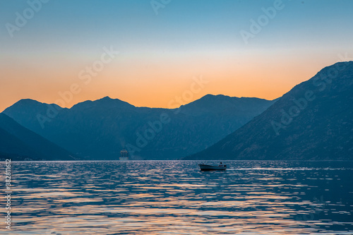 Sunset view of Kotor Bay in Montenegro   with mountains and sea.