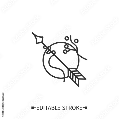 Arrow and moon line icon. Abstract boho, tribal, ethnic element. Sagittarius zodiac sign. Astrologian, aztec symbol. Native american magic, shamanism. Isolated vector illustration. Editable stroke 