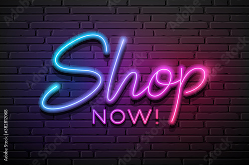 Shop now message neon light colorful design,on block wall black background, Eps 10 vector illustration