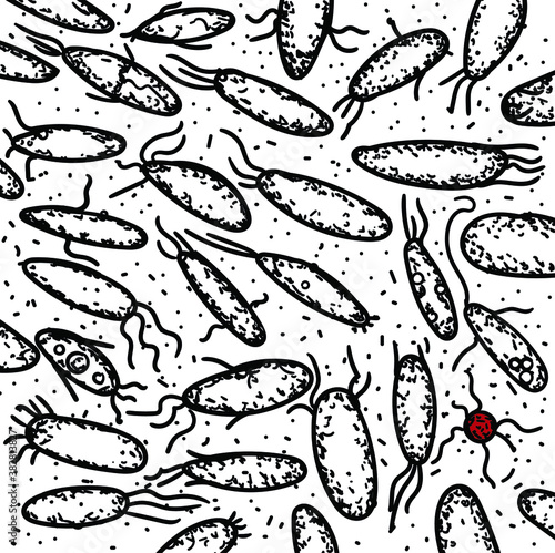 Among the bacteria with flagella, a red microbe floats.