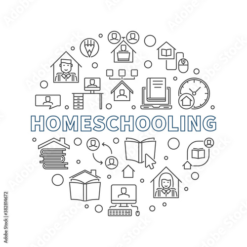 Homeschooling outline vector Education concept round minimal illustration or banner on white background