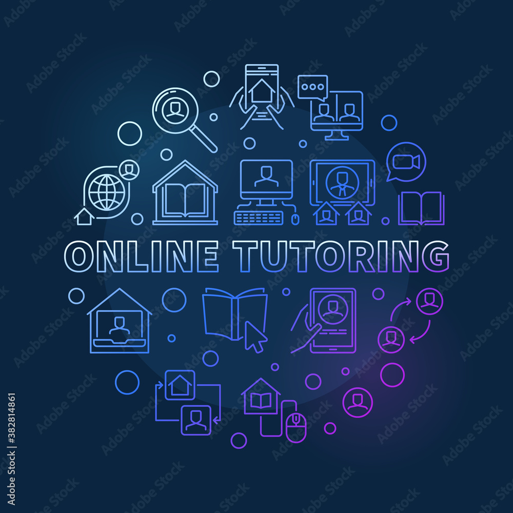 Online Turoring vector colorful linear concept round illustration on dark background