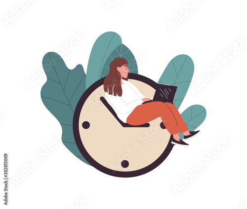 Reading, education or working concept. Young woman sitting at the hands of the clock with a laptop on her knees. Flat vector illustration.