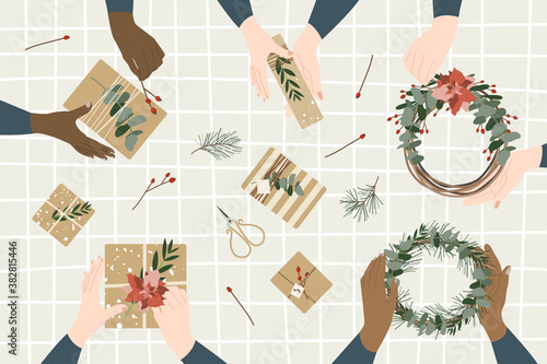 Woman florists making christmas wreaths, holiday workshop. Eco decoration, flat lay. Presents in kraft paper. Rustic gift box. Xmas and New Year celebration preparation. Vector flat style