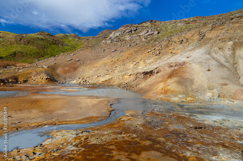 Geothermal area, hot steam, solfataras and hot mud cauldrons. Krisuvik, western Iceland.