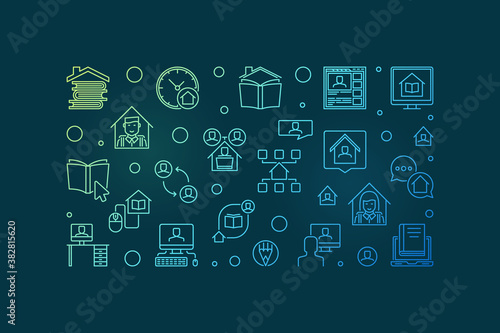 Homeschooling concept colorful horizontal banner in thin line style on dark background. Vector illustration