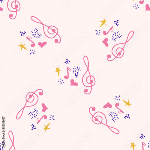 Treble clef, notes, heart, stars, abstract elements seamless pattern in pink, blue pastel colors. Music backdrop