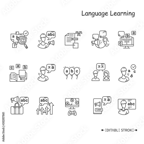 Foreign language learning line icon set. Learning methods, ways and processes. Speaking, listening, spelling, and more. Foreign languages learning . Isolated vector illustrations. Editable stroke