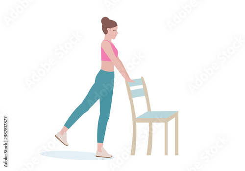 Exercises that can be done at-home using a sturdy chair. woman in pink shirt and a blue Long legs. with Back Kicks posture.  Fitness and health concepts. Vector illustration in cartoon style.