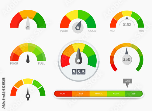 Credit score indicators with color levels. Gauges with measuring scale vector set.